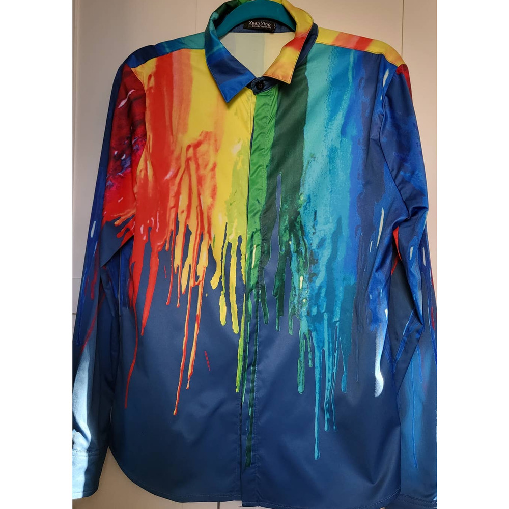 Super colorful rainbow paint art long-sleeve button shirt